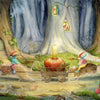 Fantasy scene with gnome-like creatures and a glowing apple in a forest setting.